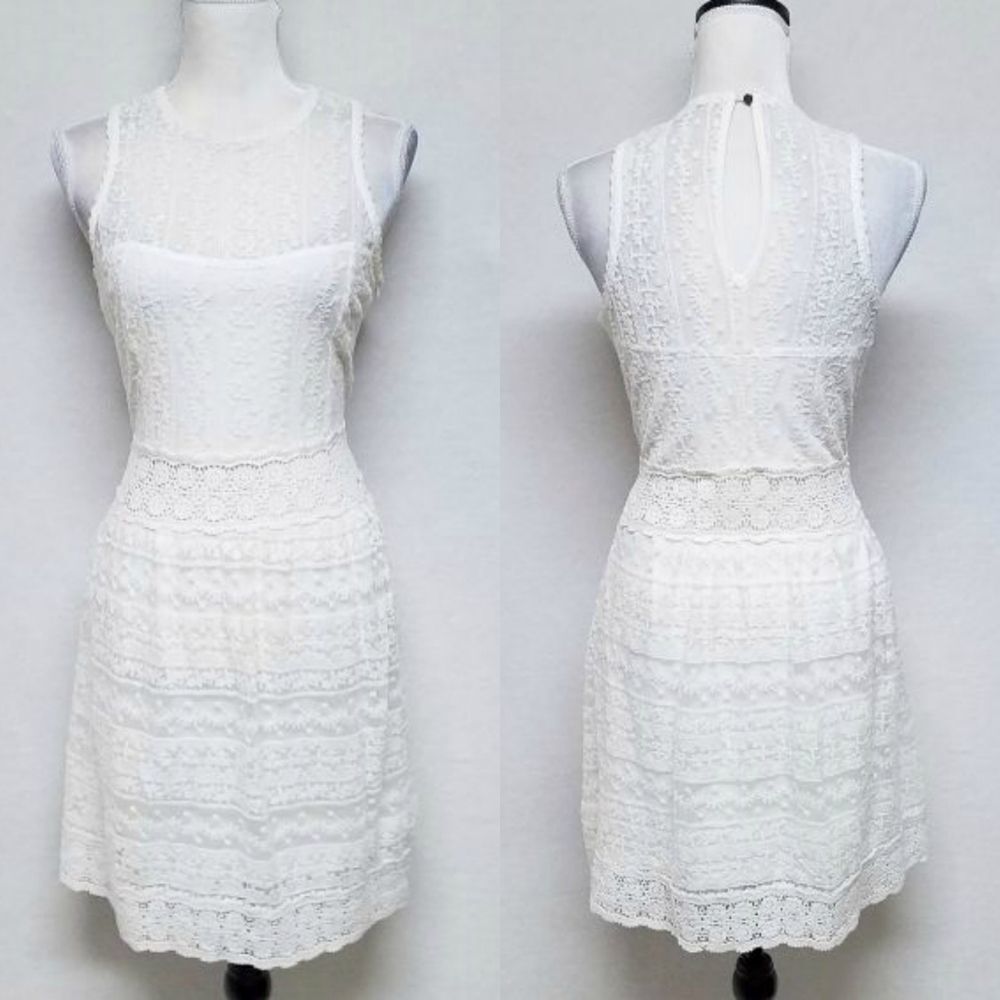 LUNA Cream Illusion Lace Crochet Sunflower Sleeveless Dress Small